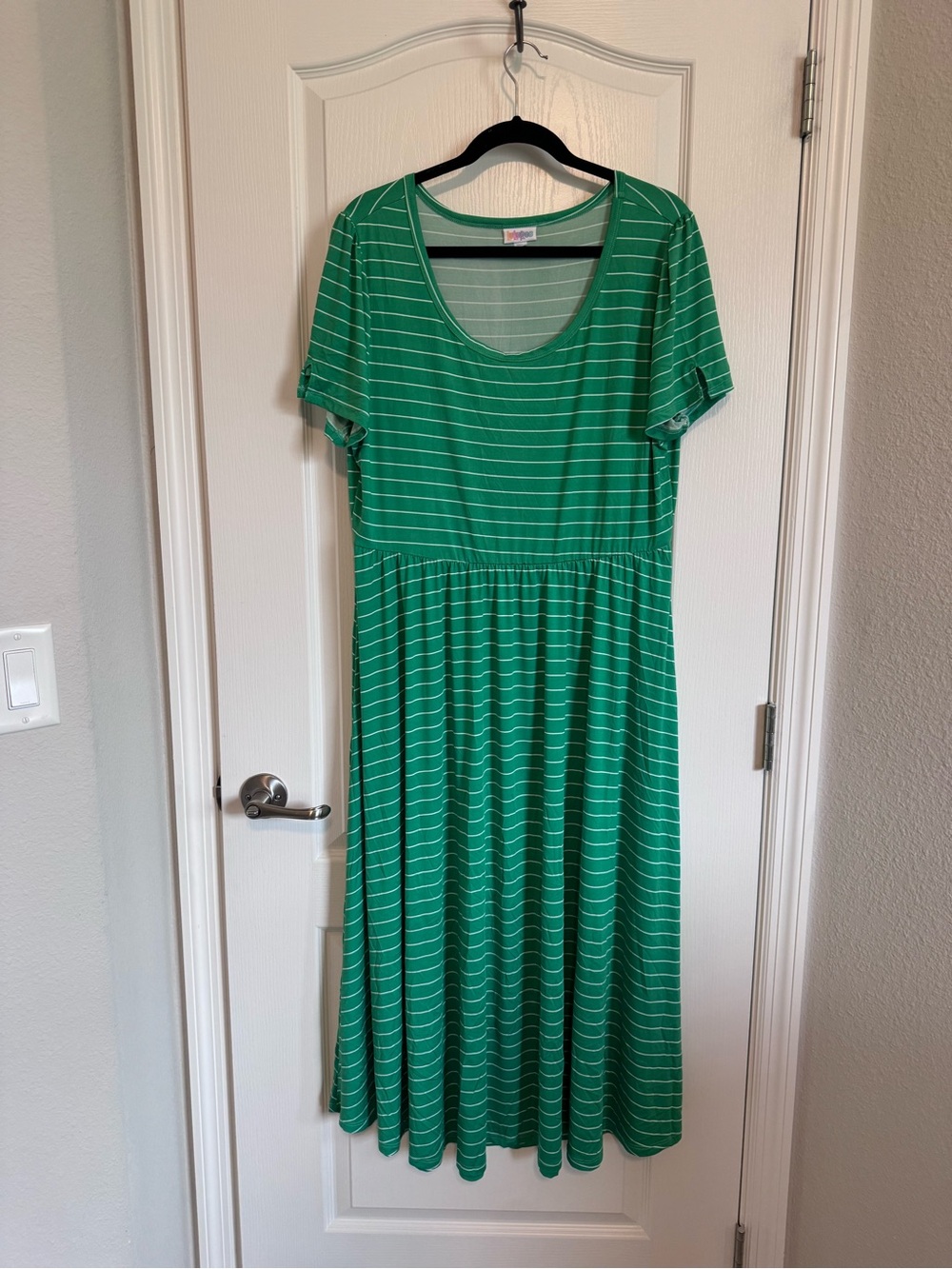 LuLaRoe Riley Green and White Striped Midi Dress